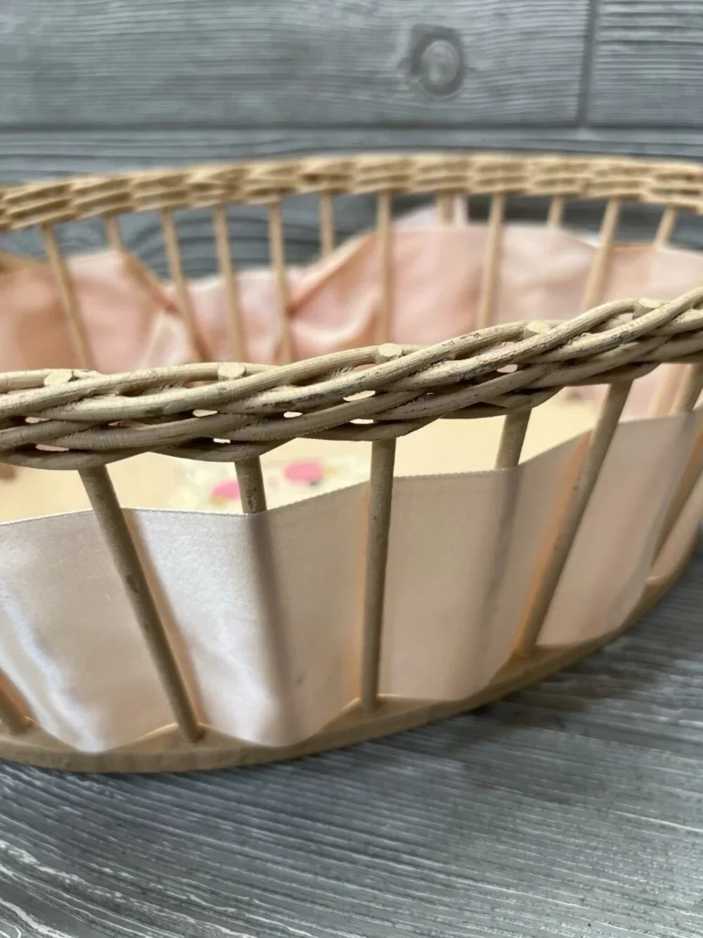 Vintage Oval Basket Tray Hand Painted Retro Baby Girl Pink Ribbon OOAK